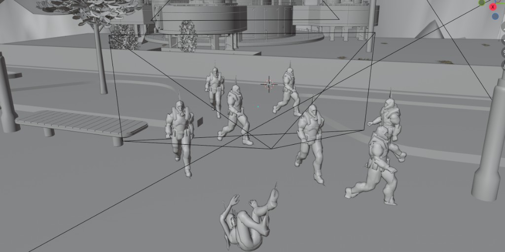 BLINK · Clay render: Crowd blockout und Bewegung