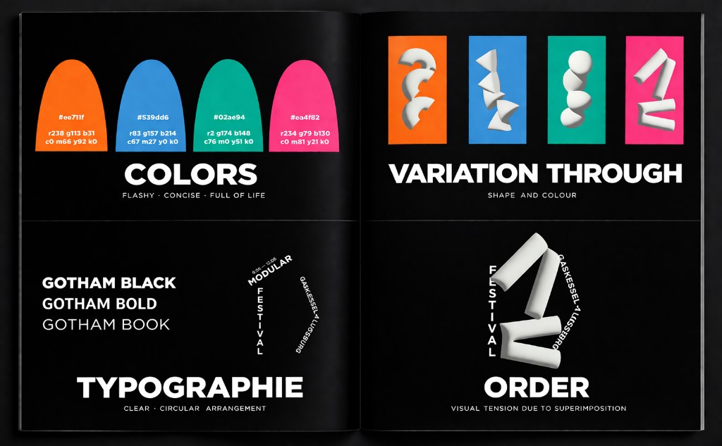 Modular Festival · Brand Guidelines — Buchmockup mit Farben, Typografie und Systemseiten